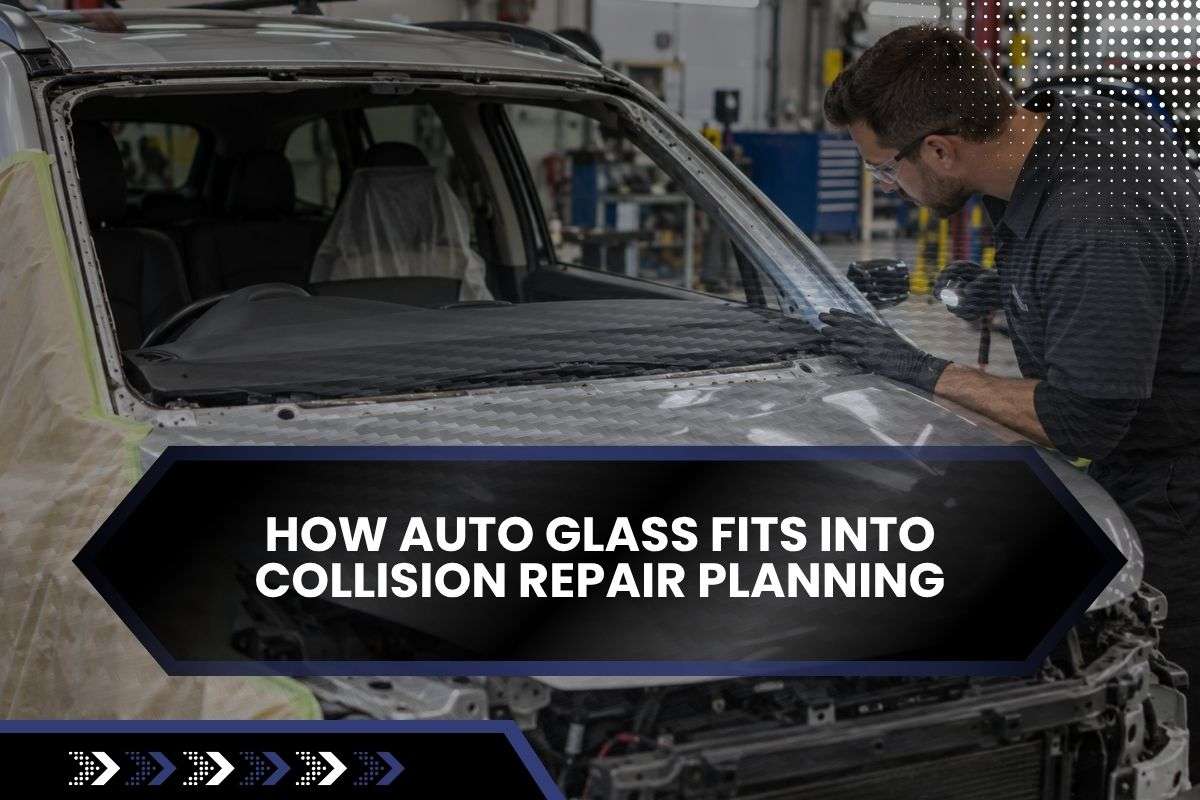 Damaged windshield being evaluated after vehicle collision repair