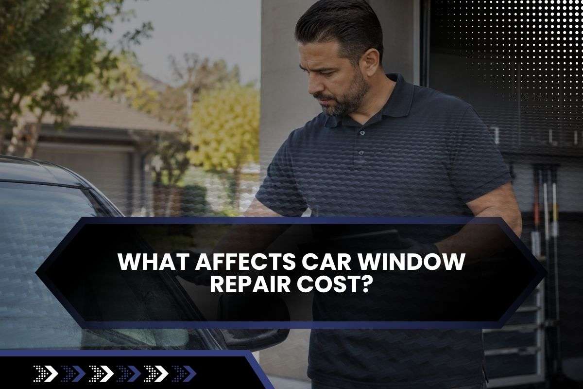 Technician assessing car window repair cost in San Mateo