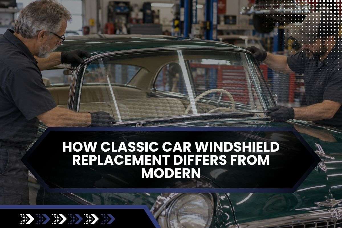 Classic car windshield replacement with careful handling of vintage trim and seals