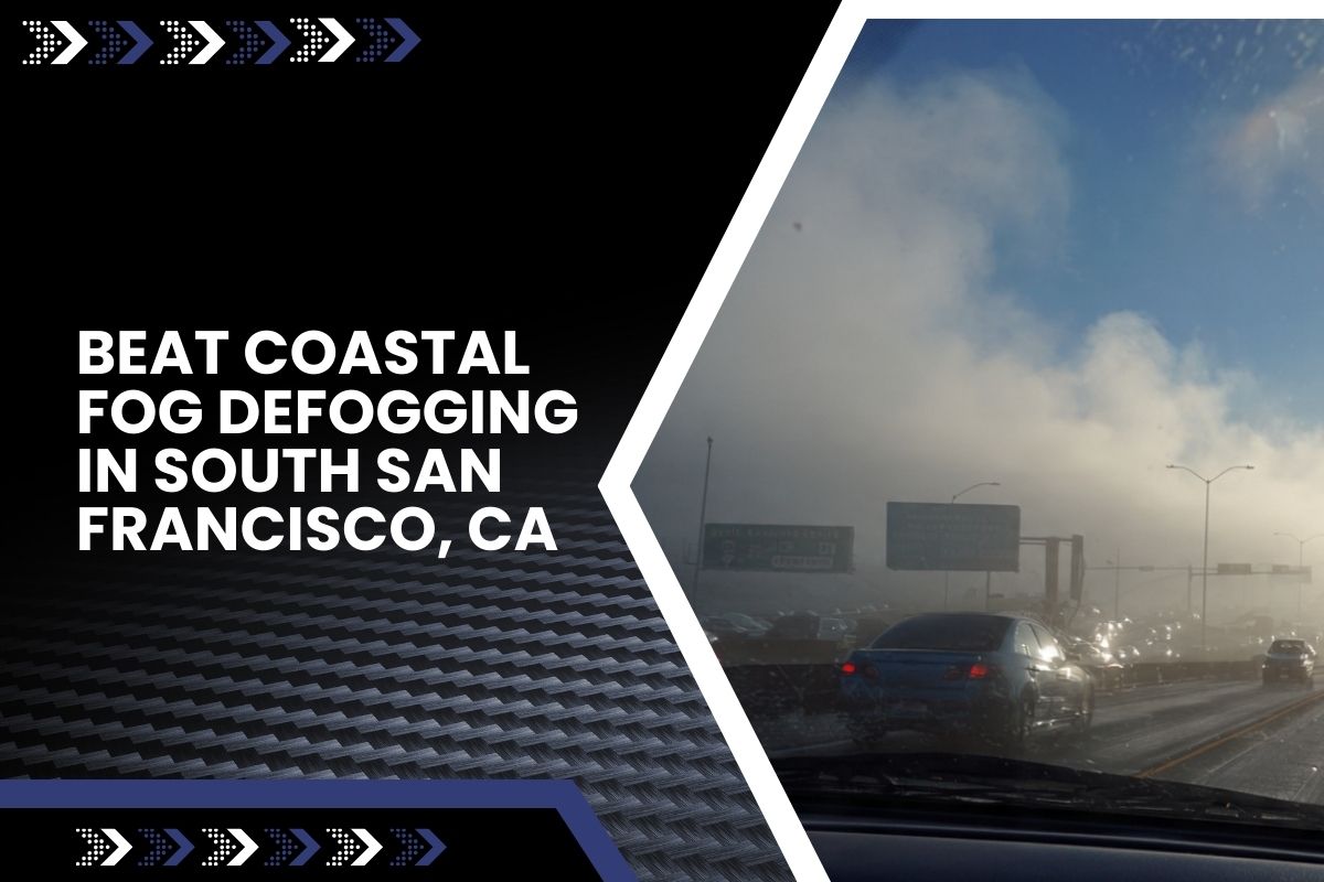 Coastal fog defogging in South San Francisco, CA with a clear windshield during a misty morning commute.