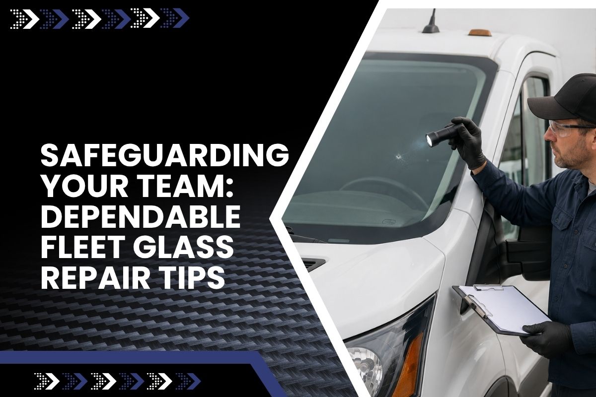 Technician checking fleet glass repair needs on a commercial vehicle