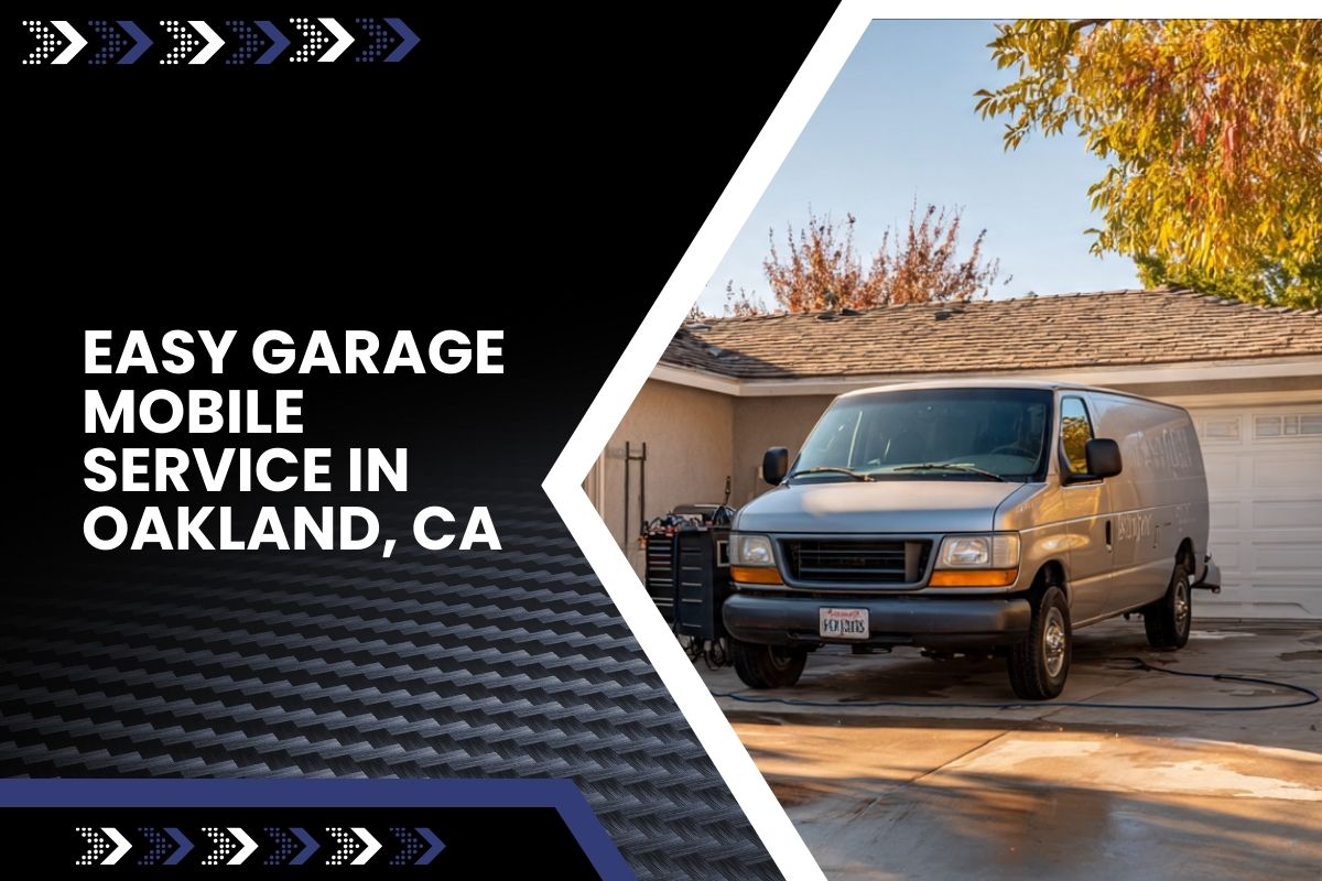 Garage mobile service in Oakland, CA performed in a driveway with a technician and tools.