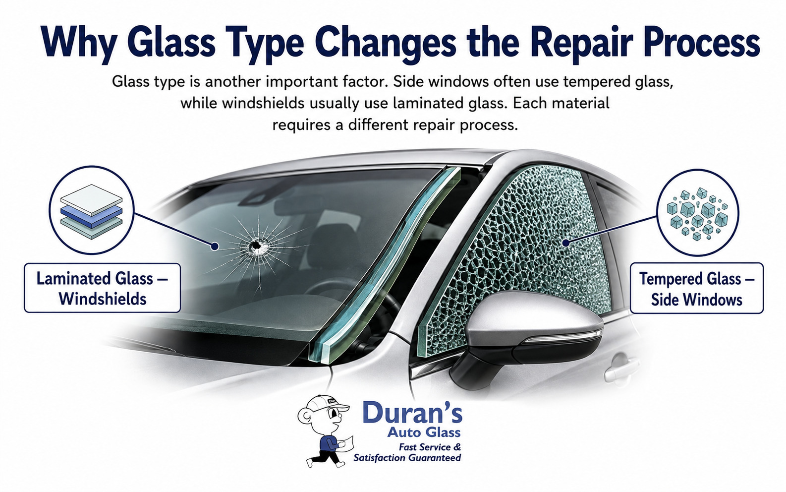 Infographic comparing the repair process for laminated versus tempered auto glass