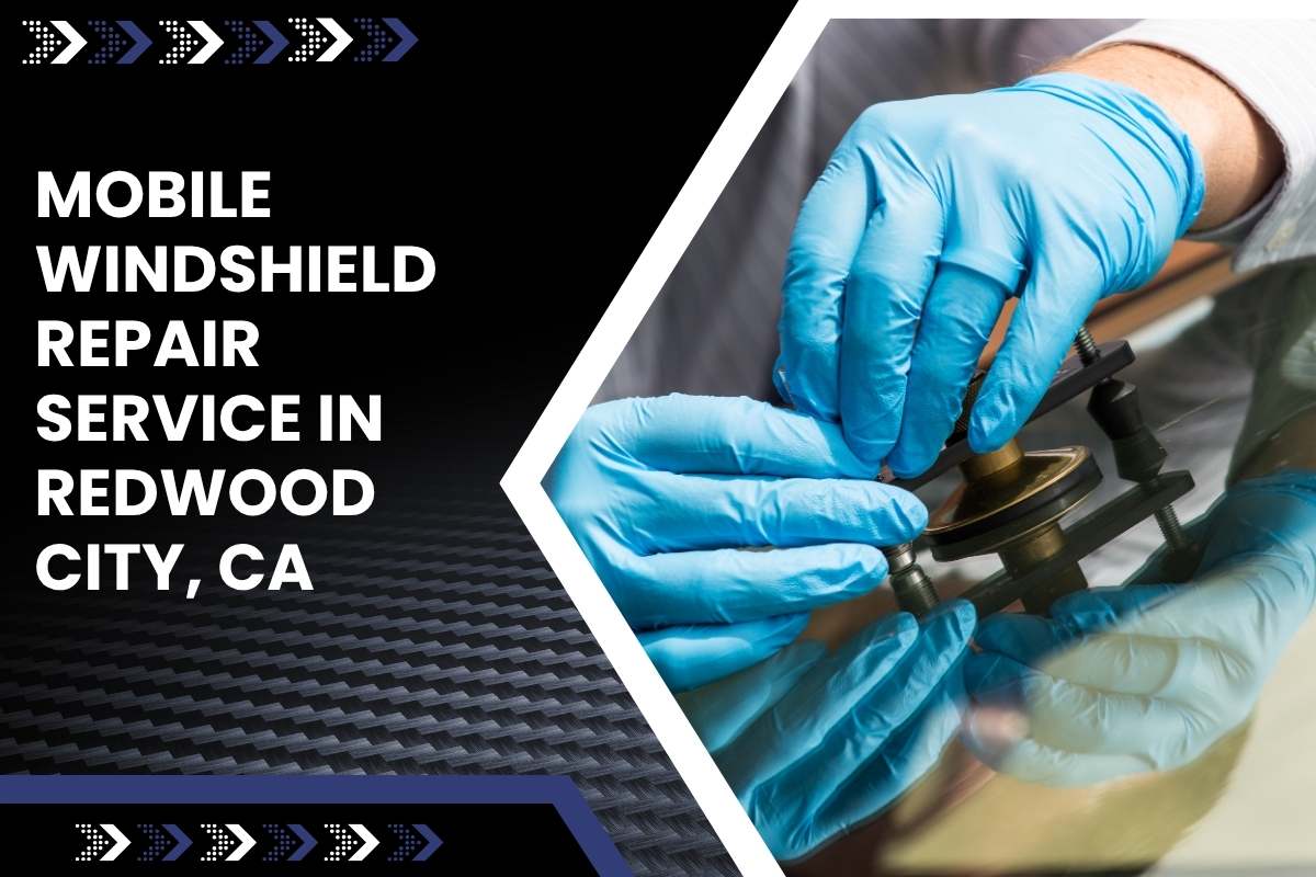 Technician performing mobile windshield repair in Redwood City driveway