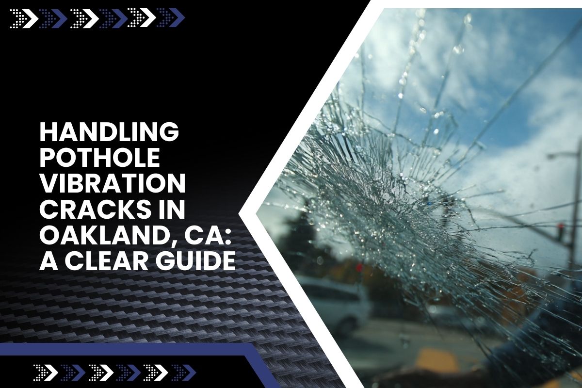 Driver inspecting a windshield for pothole vibration cracks in Oakland, CA after a rough commute