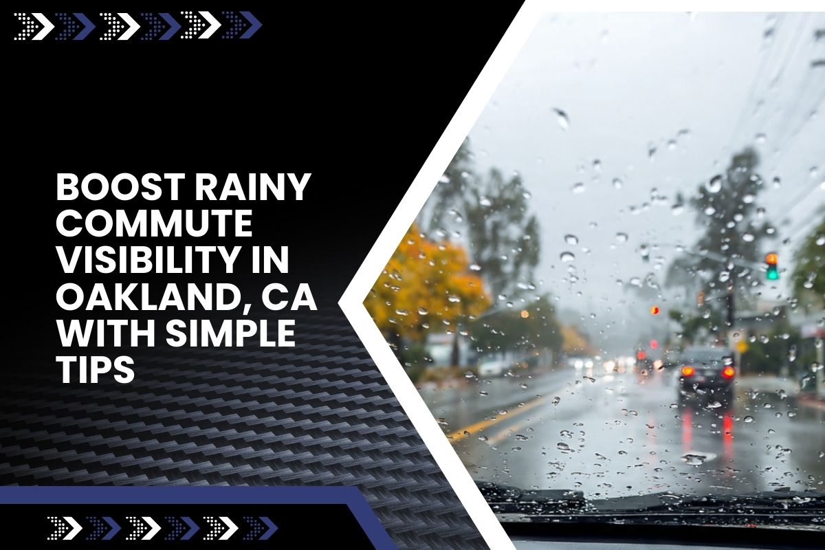 Rainy commute visibility in Oakland, CA with a clear windshield during a wet morning drive