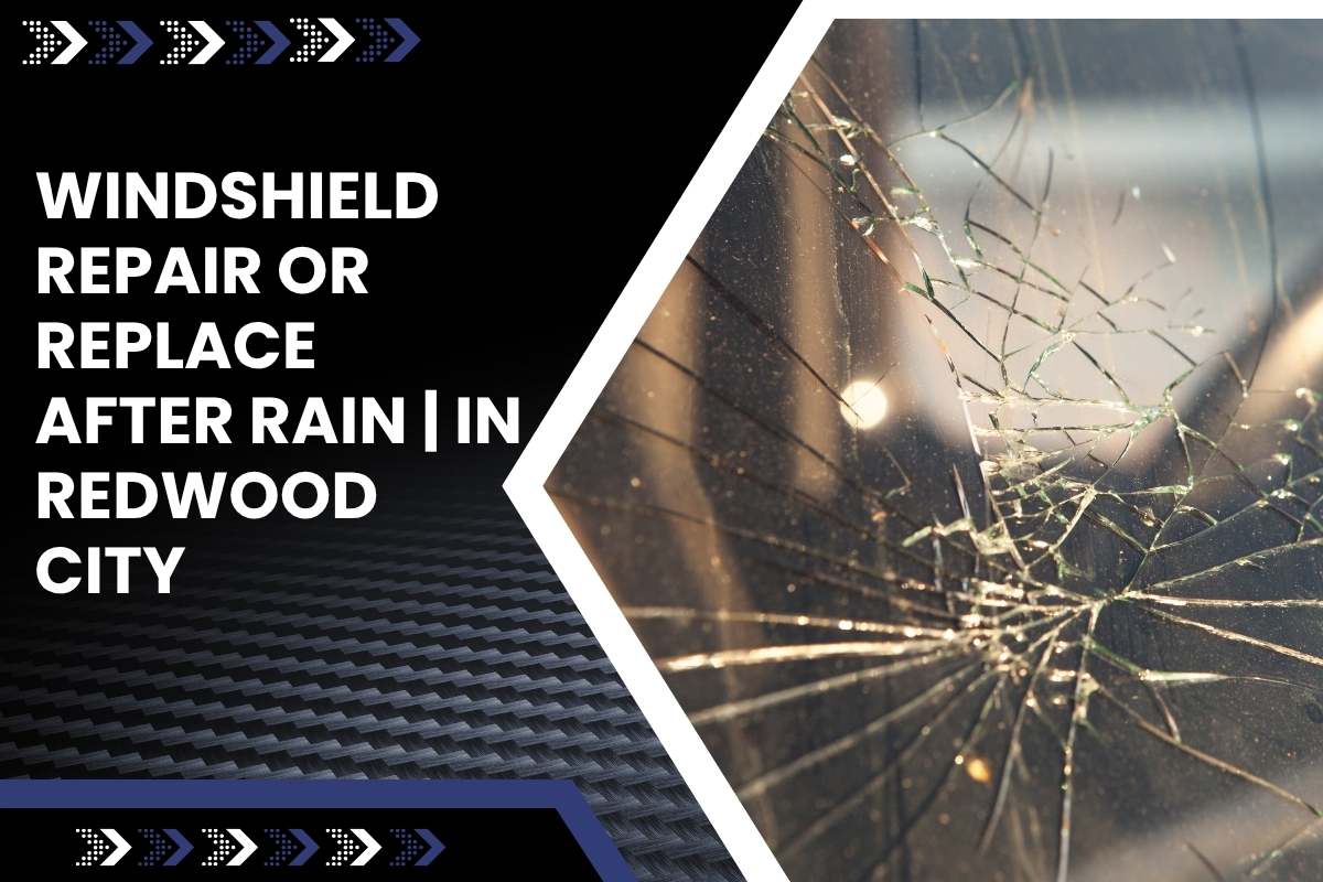Close-up of a windshield crack with water droplets after a storm