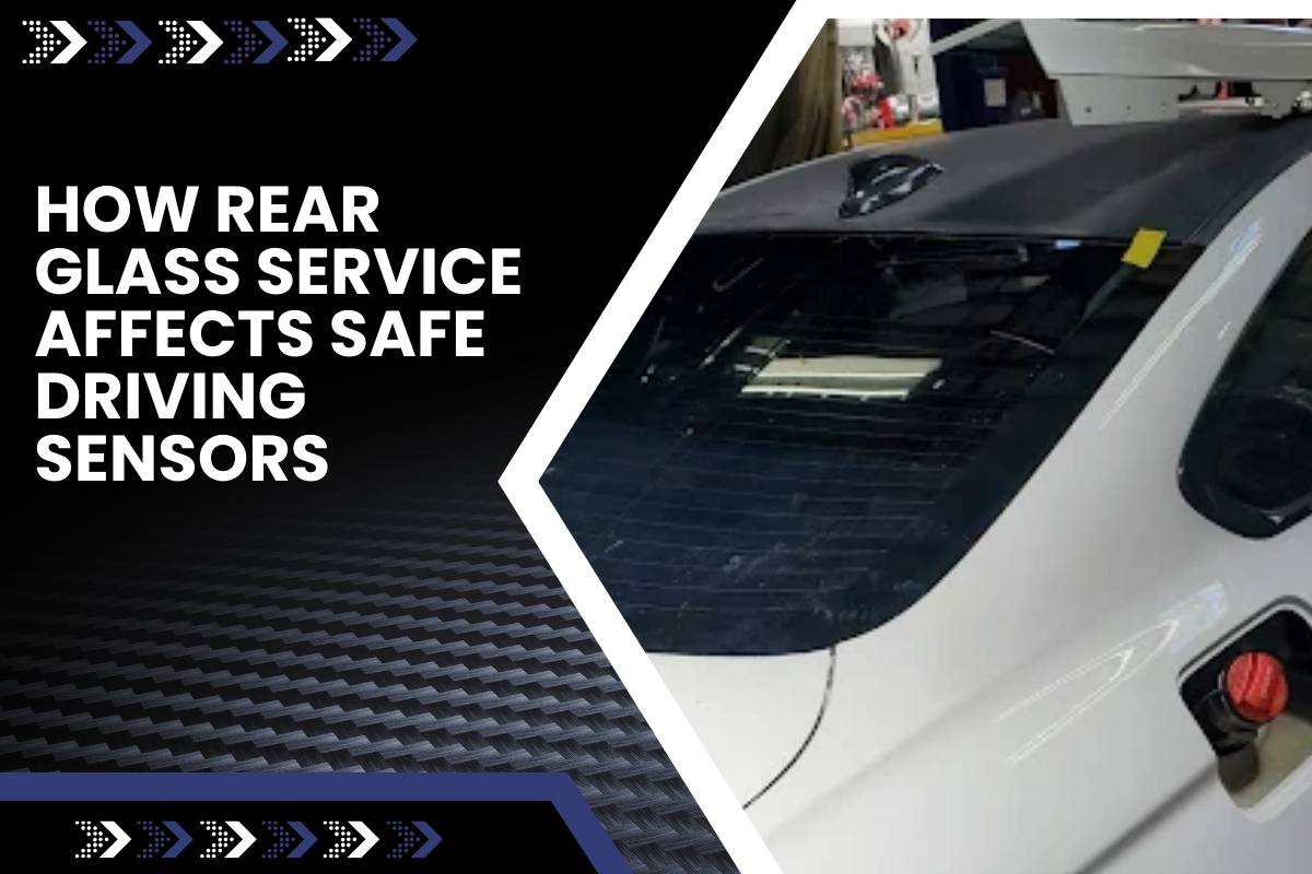 Technician aligning rear safety sensors after windshield replacement