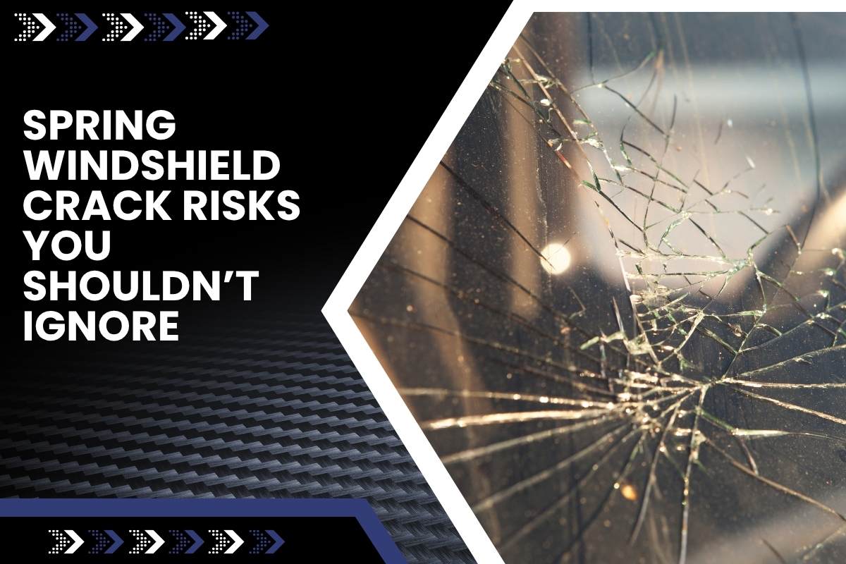 Close-up of a windshield chip caused by spring road debris