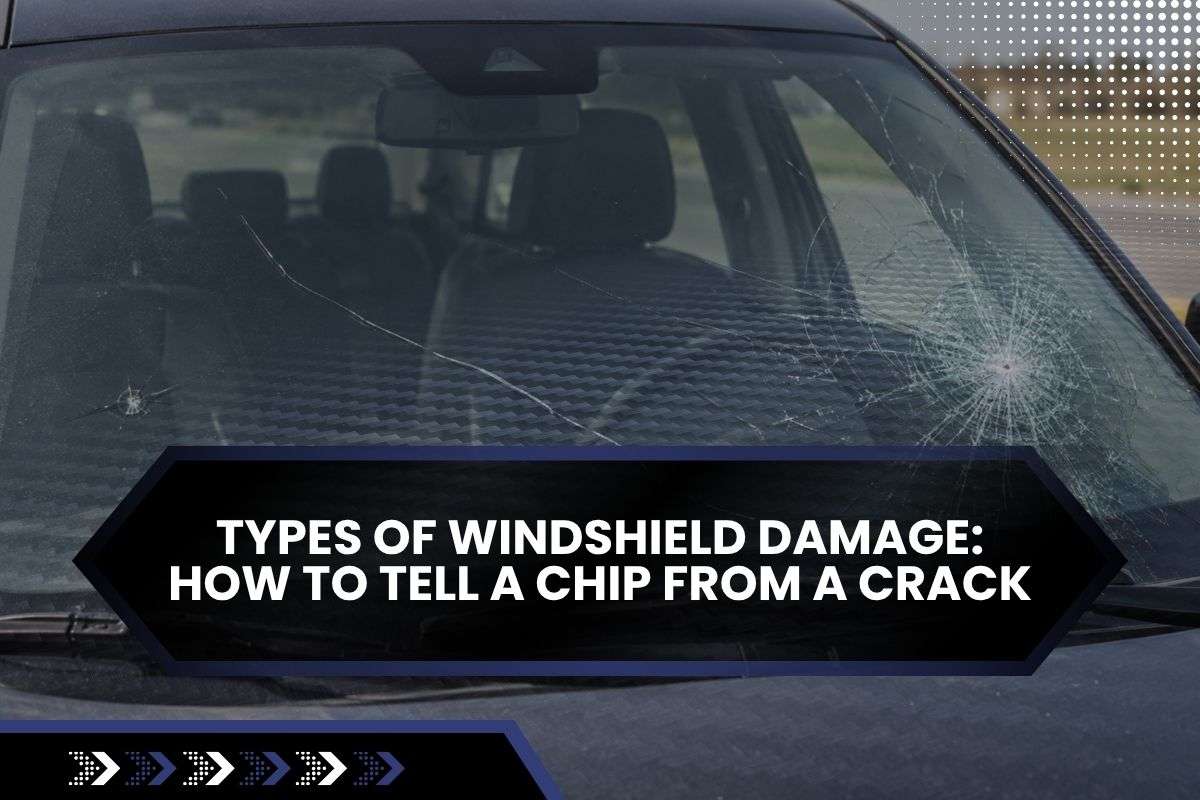 Different types of windshield damage including chips, bullseyes, and cracks