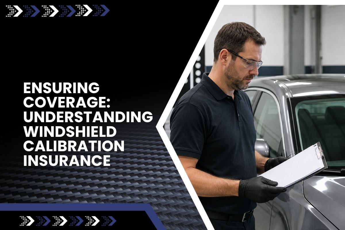 Technician checking windshield calibration insurance documents after glass replacement