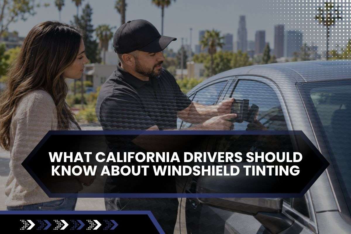 California vehicle windshield with clear UV film and visible upper shade band