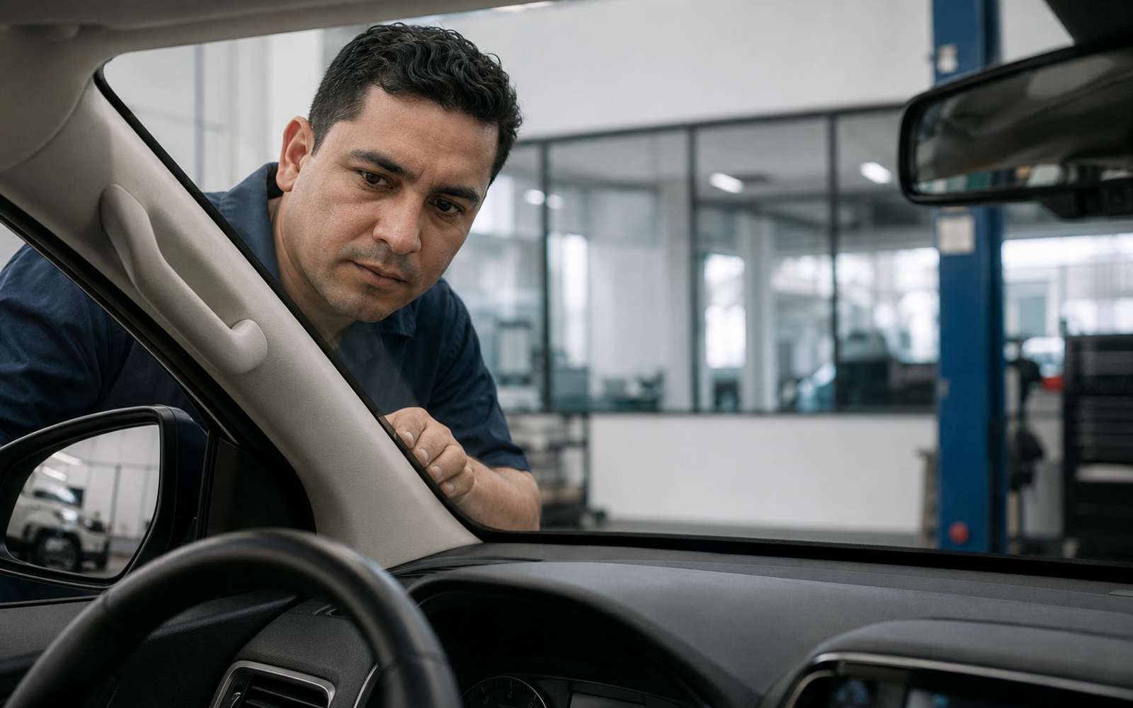 Technician inspecting auto glass damage in San Mateo, CA
