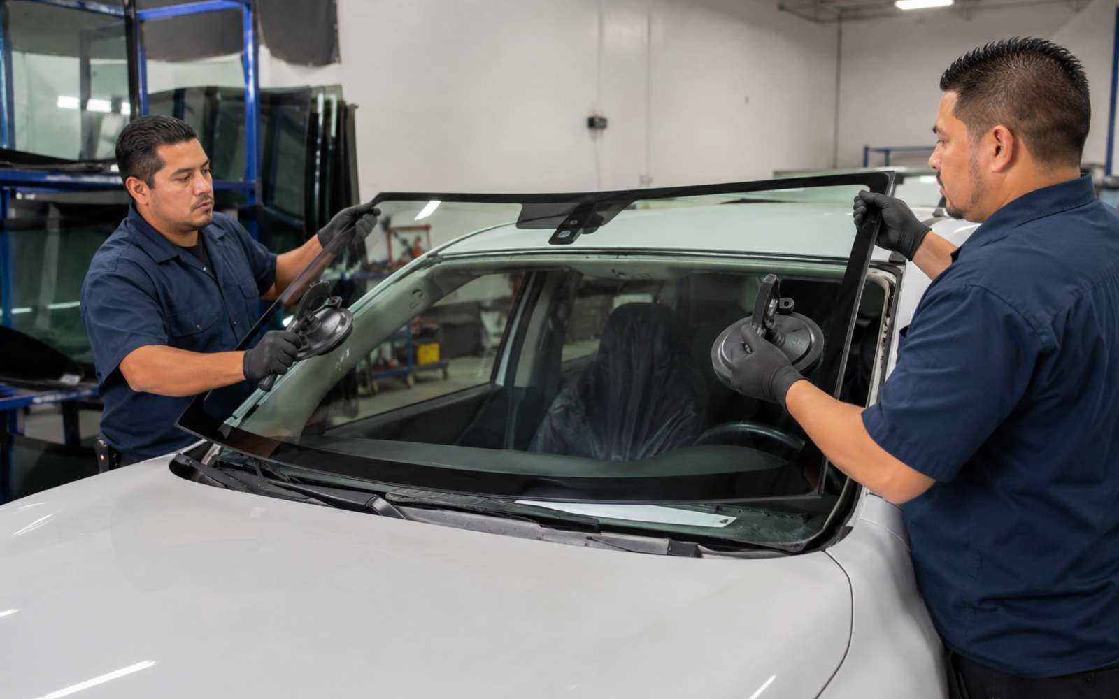 Duran's Auto Glass technicians installing a new windshield in San Mateo, CA