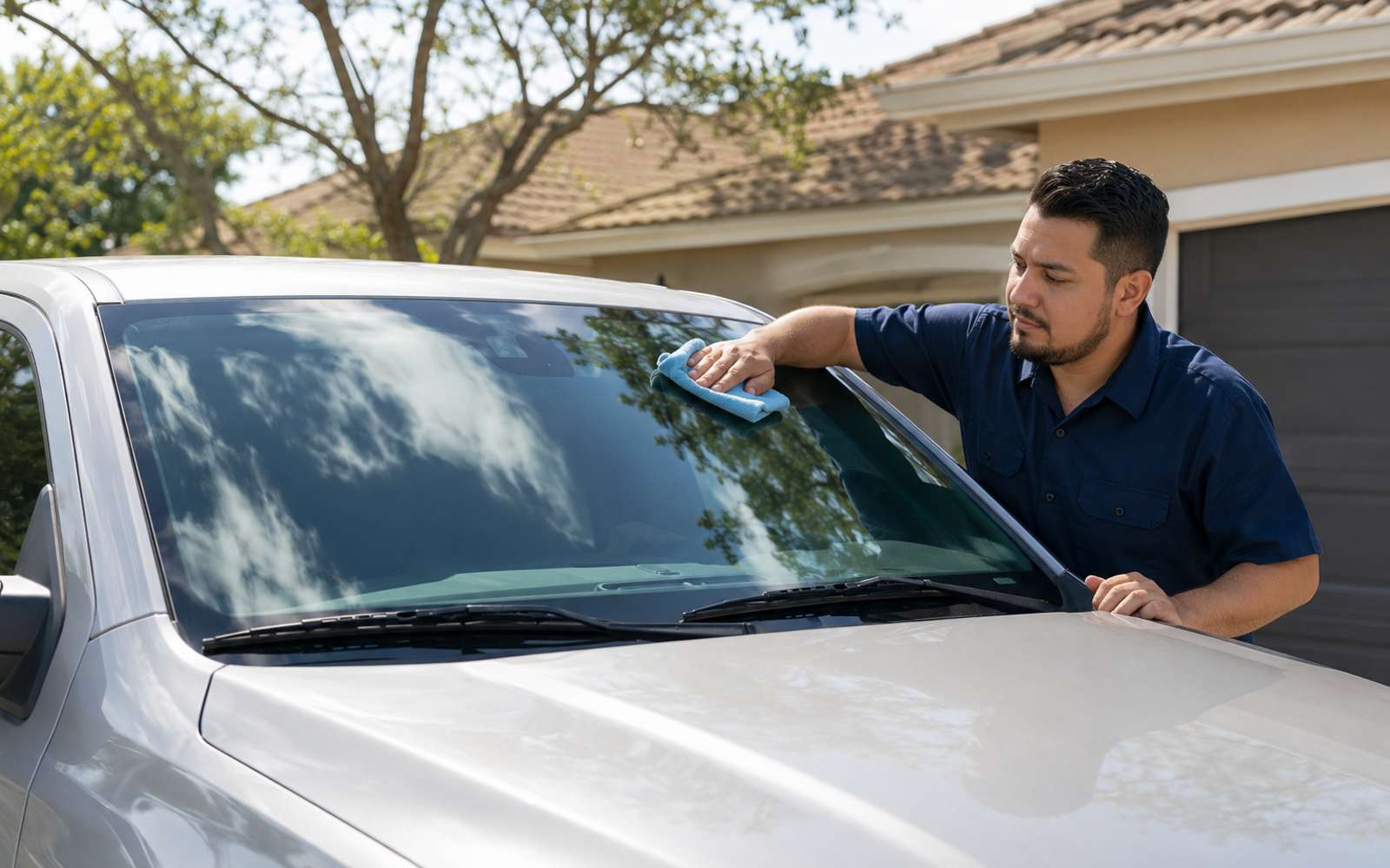 Technician cleaning a freshly serviced windshield during mobile service in San Mateo, CA