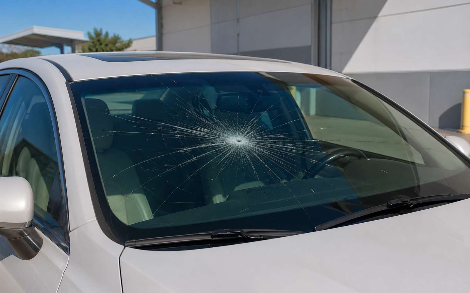 Cracked windshield with impact damage before repair in San Mateo, CA
