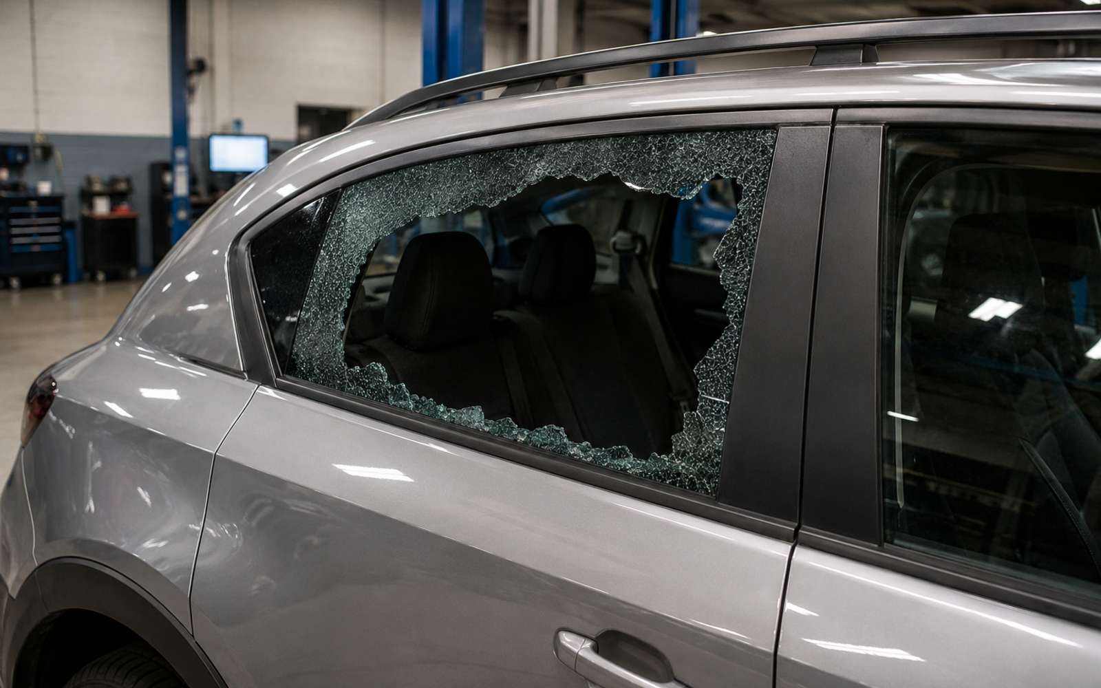 Shattered rear side window before replacement in San Mateo, CA
