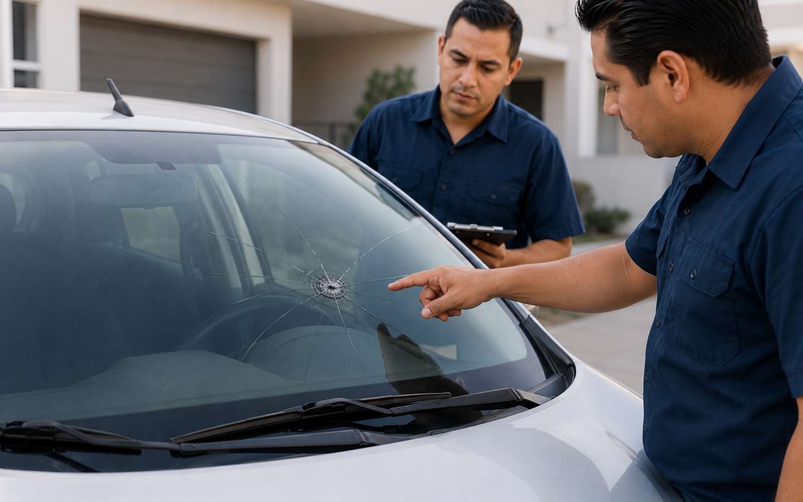 Duran's Auto Glass technicians inspecting a windshield crack in San Mateo, CA